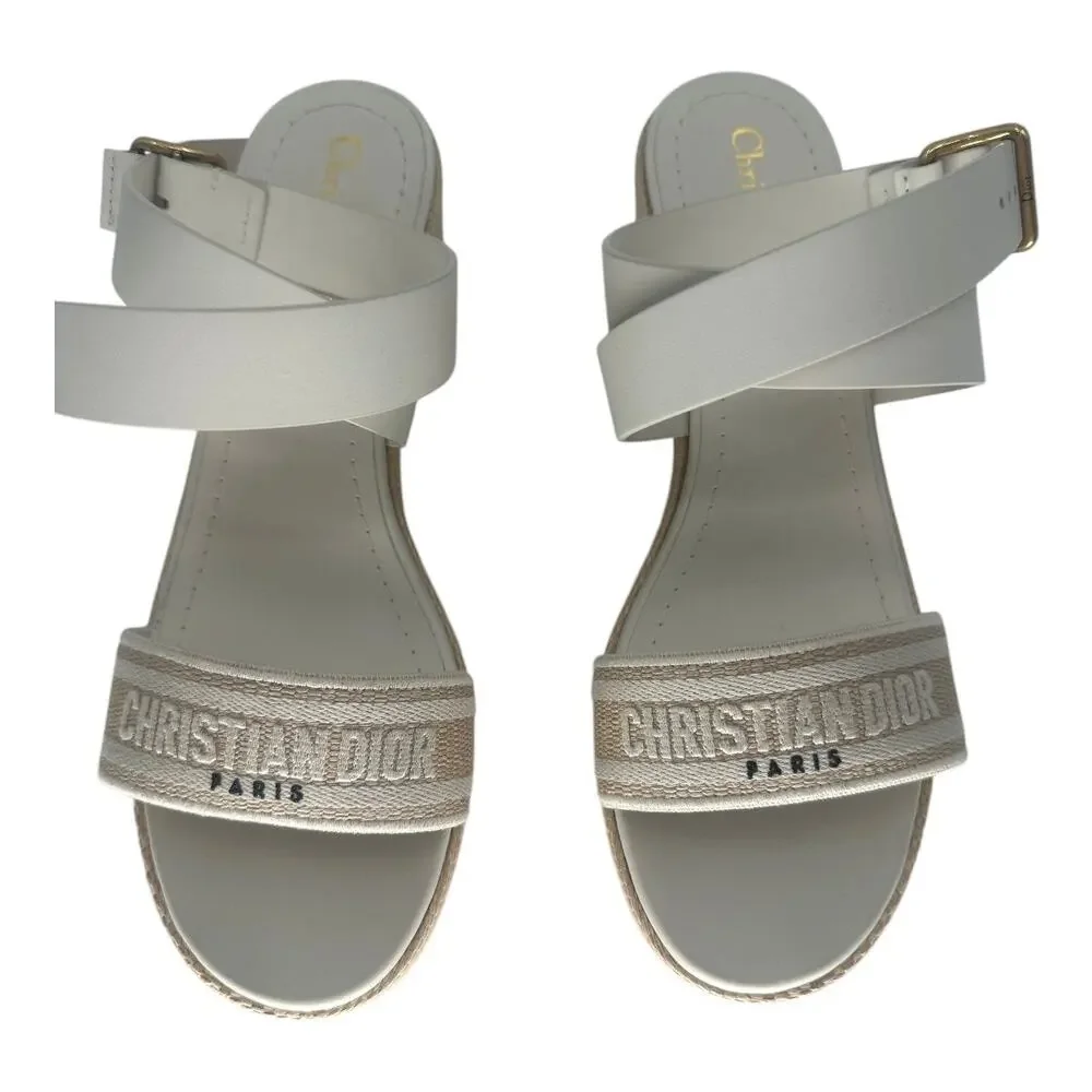 Christian Dior Leather Raffia Dway Embroidered Logo Platfrorm Sandals Beige 37